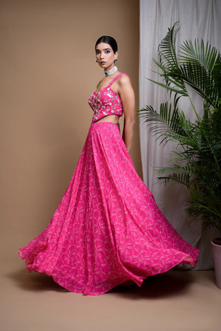 Hot pink digital print indo lehenga set