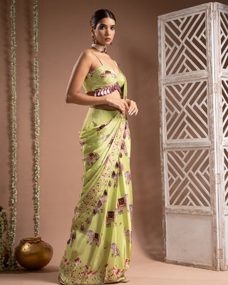 Elephant print green purple pre-draped saree