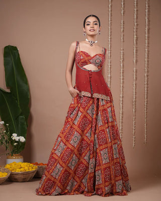 Red Bandhani Printed Lehenga Set