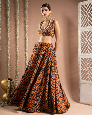 Black rust printed lehenga set