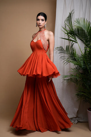 Rust orange indo anarkali suit set