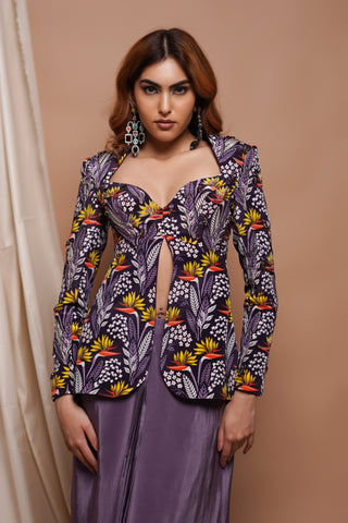 Violet Digital Printed Coat And  Drape Skirt Set