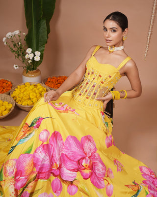 Mustard Floral Printed Corset Heavy Lehenga Set