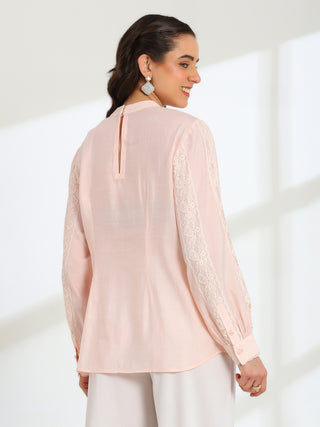 Elan Pink  Hand Embroidered French Lace Silk Cotton Shirt