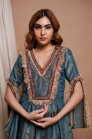 Blue Red Tissue Silk Anarkali Suit Set