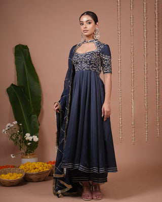 Navy Blue Silk Satin Heavy Anarkali Suit Set