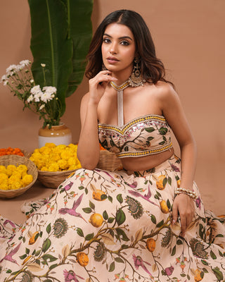 Cream Lemon Printed Indo Lehenga Set