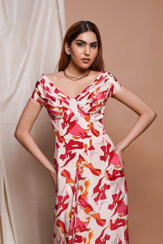 Cream Abstract Off Shoulder Corset Drape Dress