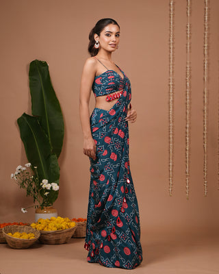Teal Blue-Red Bandhej Printed Drape Saree