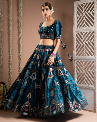 Teal Heavy Velvet Lehenga Set