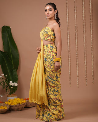 Yellow Printed Indo Saree