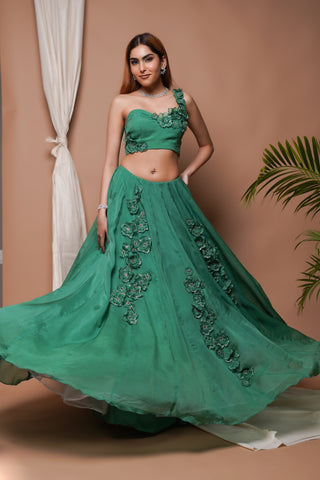 Bright Green 3-D Organza Indo Lehenga Set