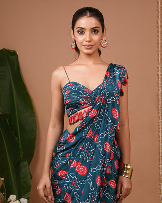 Teal Blue-Red Bandhej Printed Drape Saree