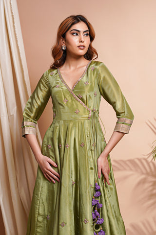 Green Purple Tissue Silk Angrakha Anarkali Set
