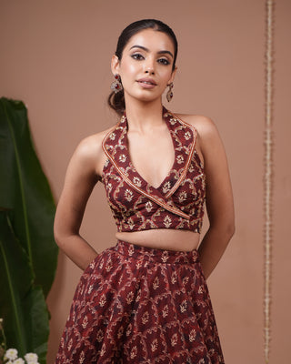 Maroon Halter Laple Neck Indo Lehenga Set