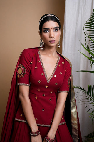Maroon Heavy Mirror Short Kurti And Lehenga Set