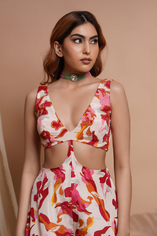 Cream Abstract Printed V-Neck Jumpsuit