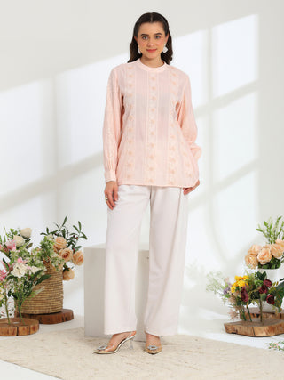 Elan Pink  Hand Embroidered French Lace Silk Cotton Shirt
