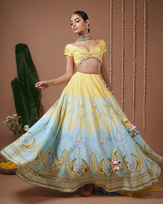 Yellow- Firozi Heavy Printed Lehenga Set