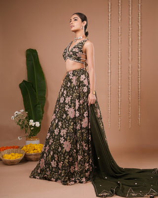 Olive Green Floral Printed Organza Lehenga Set
