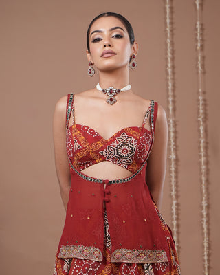 Red Bandhani Printed Lehenga Set