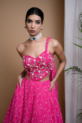 Hot pink digital print indo lehenga set