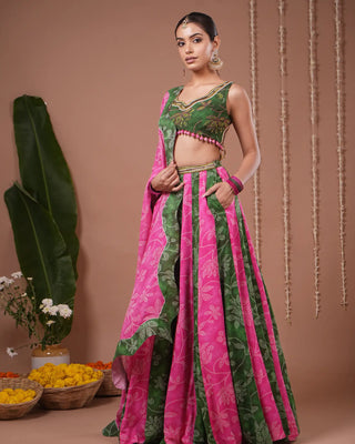 Green - Pink Bandhani Floral Printed Lehenga Set