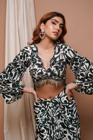 White-Green Digital Printed Drape  Skirt Set
