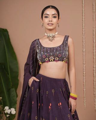 Dark Purple Printed Heavy Lehenga Set