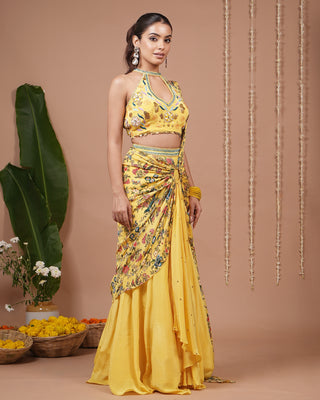 Bright Yellow Printed Halter Neck Indo Drape Set