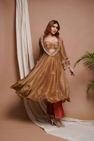 Golden Tissue Silk Anarkali Suit Set