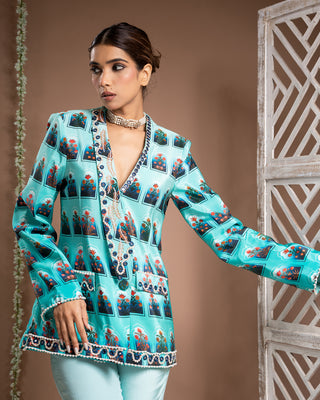 Blue ombre printed coat pant set