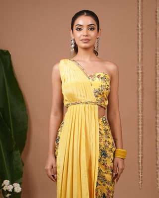 Yellow Printed Indo Saree