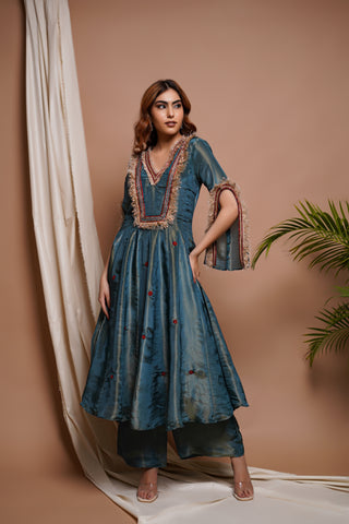 Blue Red Tissue Silk Anarkali Suit Set