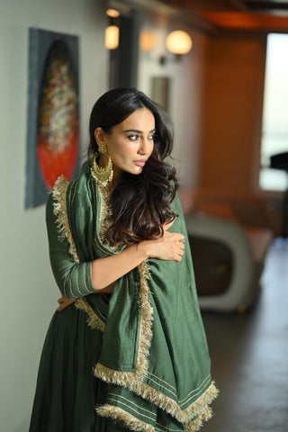 Mehendi green chanderi silk anarkali suit set