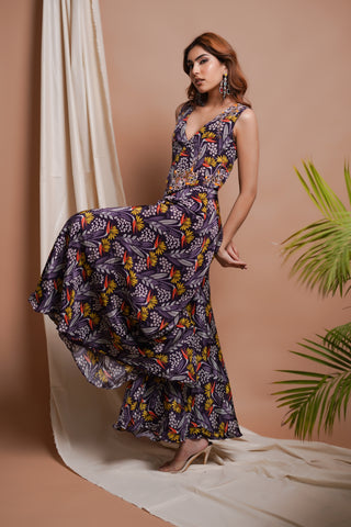 Violet Printed Vest Coat And Palazzo Set