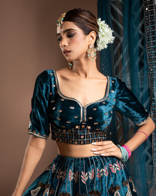 Teal Heavy Velvet Lehenga Set