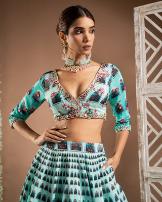 Blue ombre digital print indo lehenga