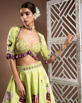 Elephant print green and purple lehenga set
