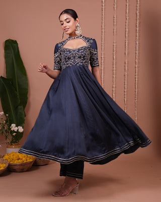 Navy Blue Silk Satin Heavy Anarkali Suit Set