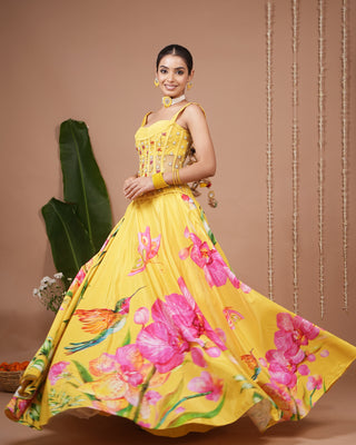 Mustard Floral Printed Corset Heavy Lehenga Set