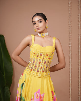 Mustard Floral Printed Corset Heavy Lehenga Set