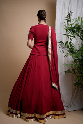 Maroon Heavy Mirror Short Kurti And Lehenga Set