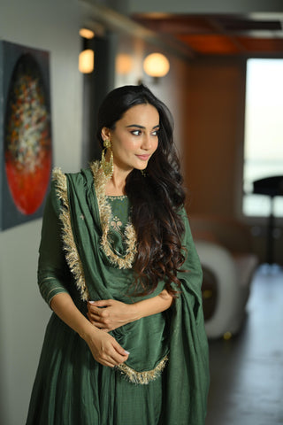 Mehendi green chanderi silk anarkali suit set