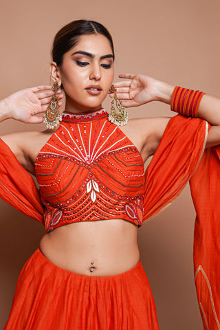 Orange chanderi lehenga set