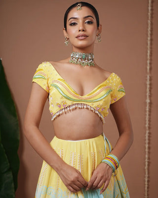 Yellow- Firozi Heavy Printed Lehenga Set