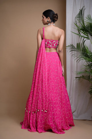 Hot pink digital print indo lehenga set