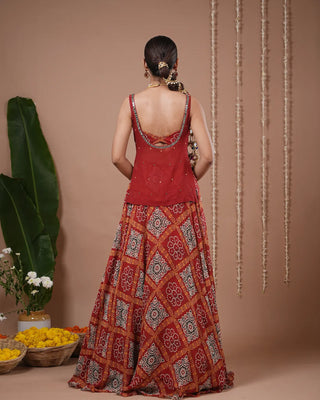 Red Bandhani Printed Lehenga Set