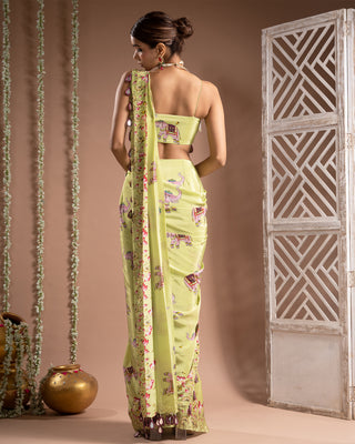 Elephant print green purple pre-draped saree