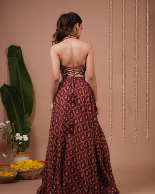 Maroon Halter Laple Neck Indo Lehenga Set